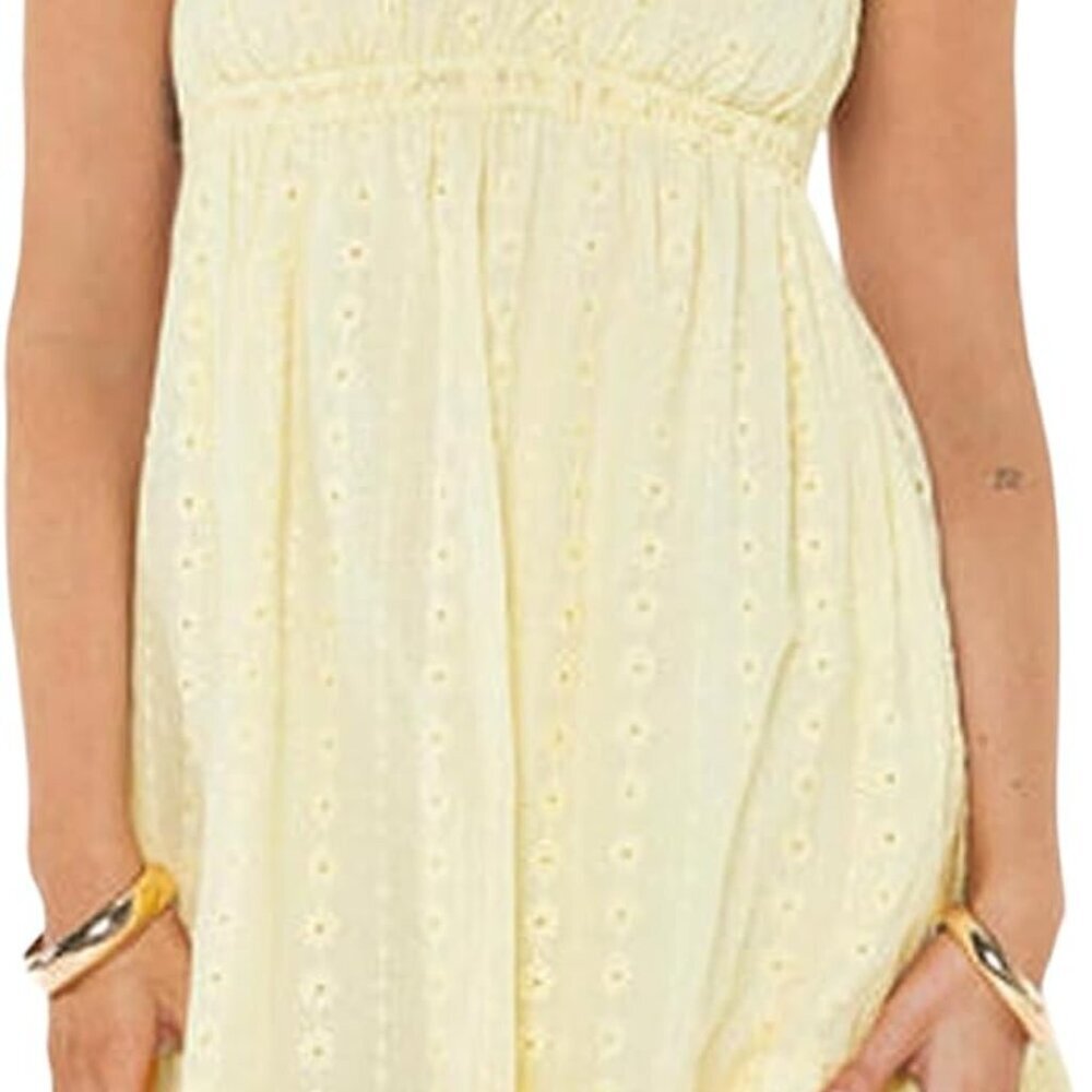Women Sleeveless Mini Sundress Floral Embroidery Bowed Waist A-line Casual - Picture 5 of 7